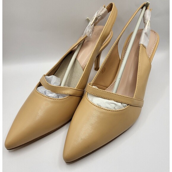 Womens Pumps Size 6.5 Tan Kitten Heels Pointed Toes Stiletto Sling Back Wedding - Picture 3 of 9